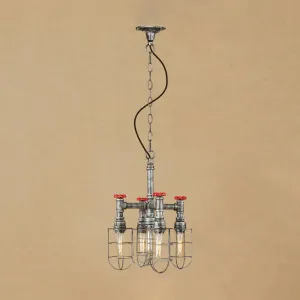 Rustic 5-Light Chandelier Lamp - Wire Frame, Red Valve Metal - Aged Silver/Bronze