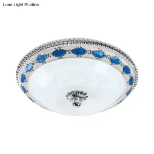 Rustic Blue LED Glass Dome Bedroom Flushmount Light Fixture with Crystal Accent, 12"/16"/19.5" Wide