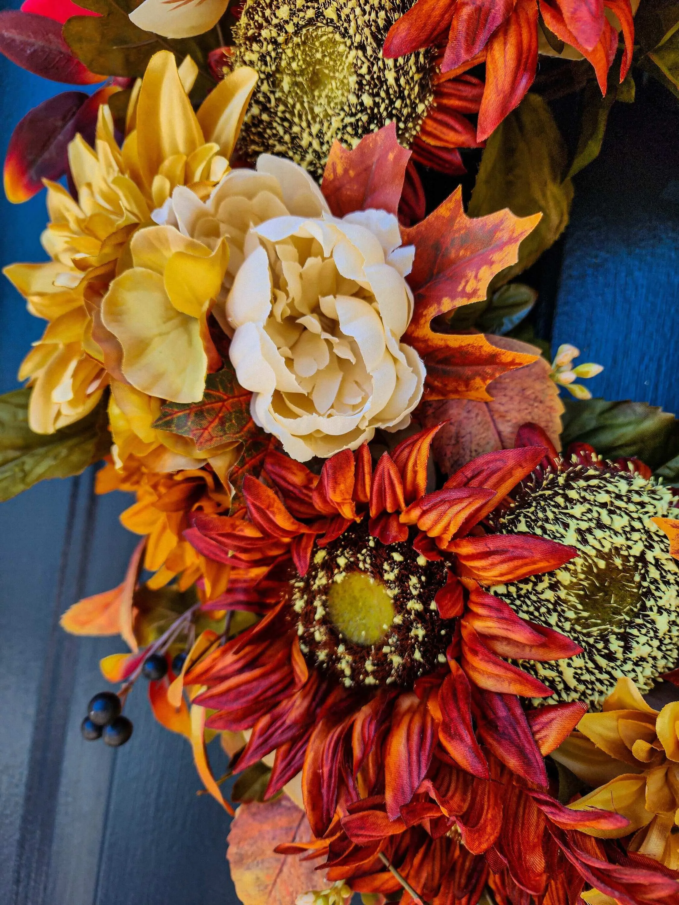 Rustic Fall Wreath With Terra Cotta Orange Sunflowers, Rust and Cream Florals, Autumn Wreaths For Front Door, Thanksgiving Decor