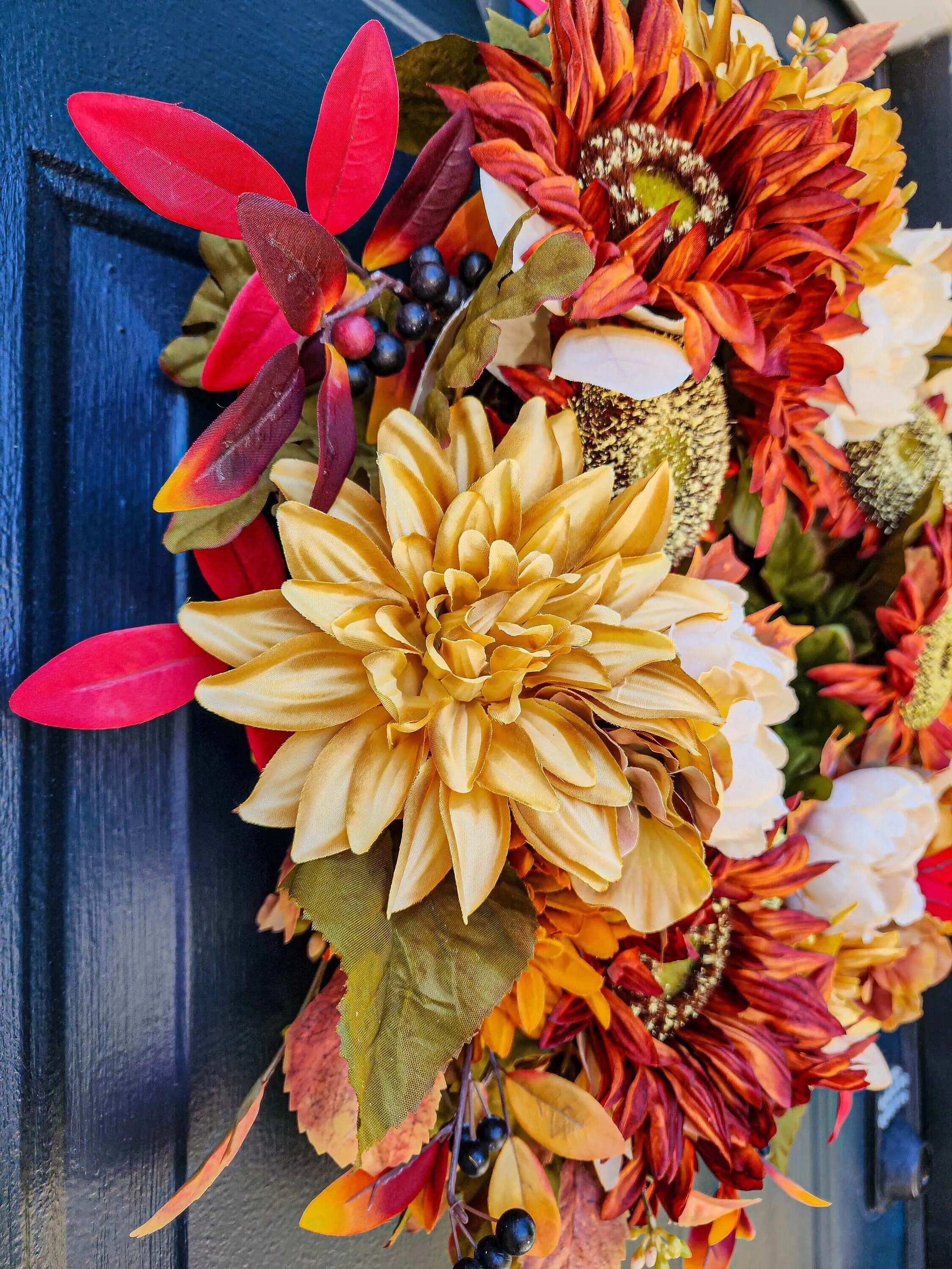 Rustic Fall Wreath With Terra Cotta Orange Sunflowers, Rust and Cream Florals, Autumn Wreaths For Front Door, Thanksgiving Decor