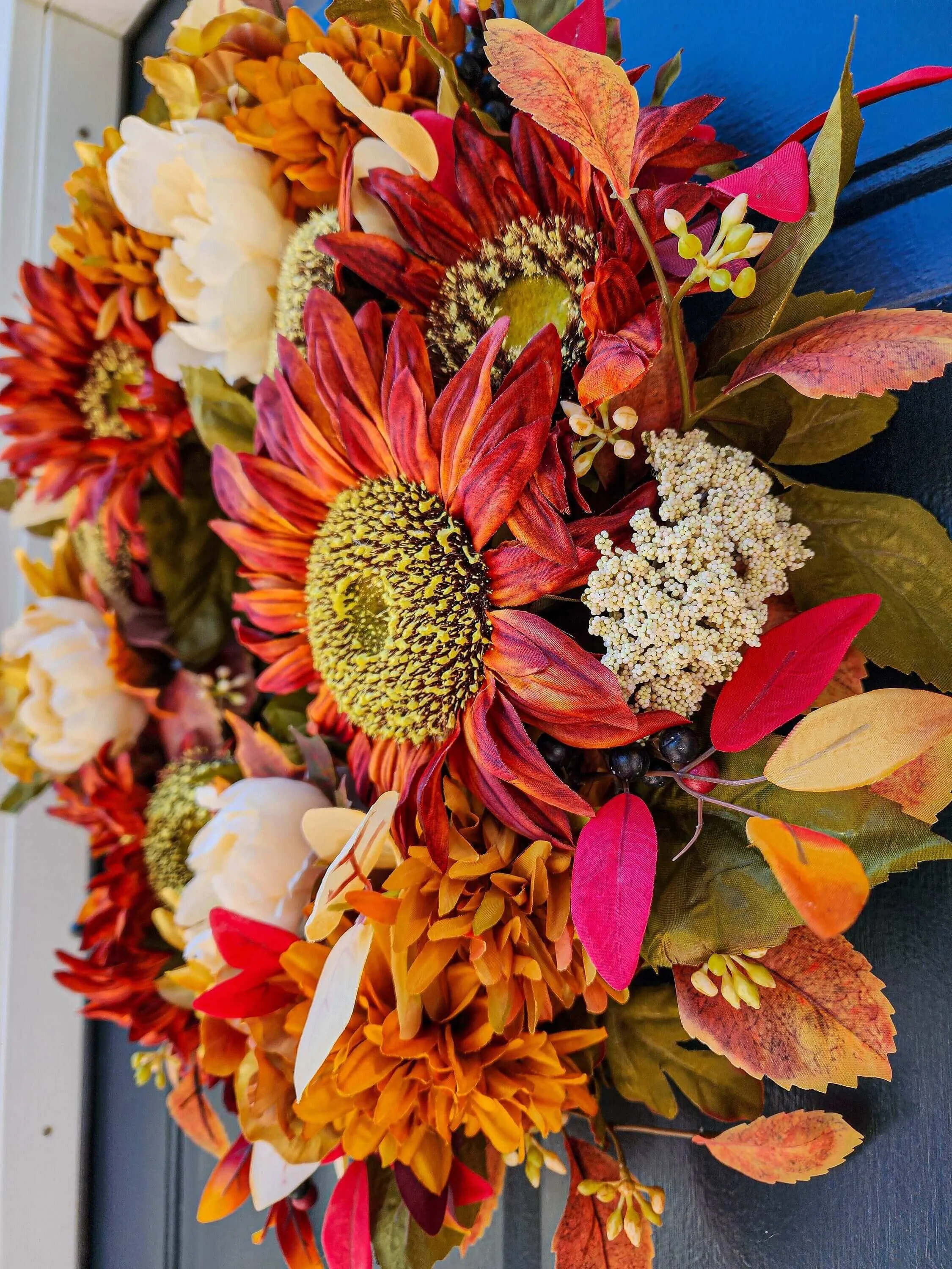 Rustic Fall Wreath With Terra Cotta Orange Sunflowers, Rust and Cream Florals, Autumn Wreaths For Front Door, Thanksgiving Decor