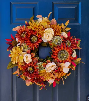 Rustic Fall Wreath With Terra Cotta Orange Sunflowers, Rust and Cream Florals, Autumn Wreaths For Front Door, Thanksgiving Decor