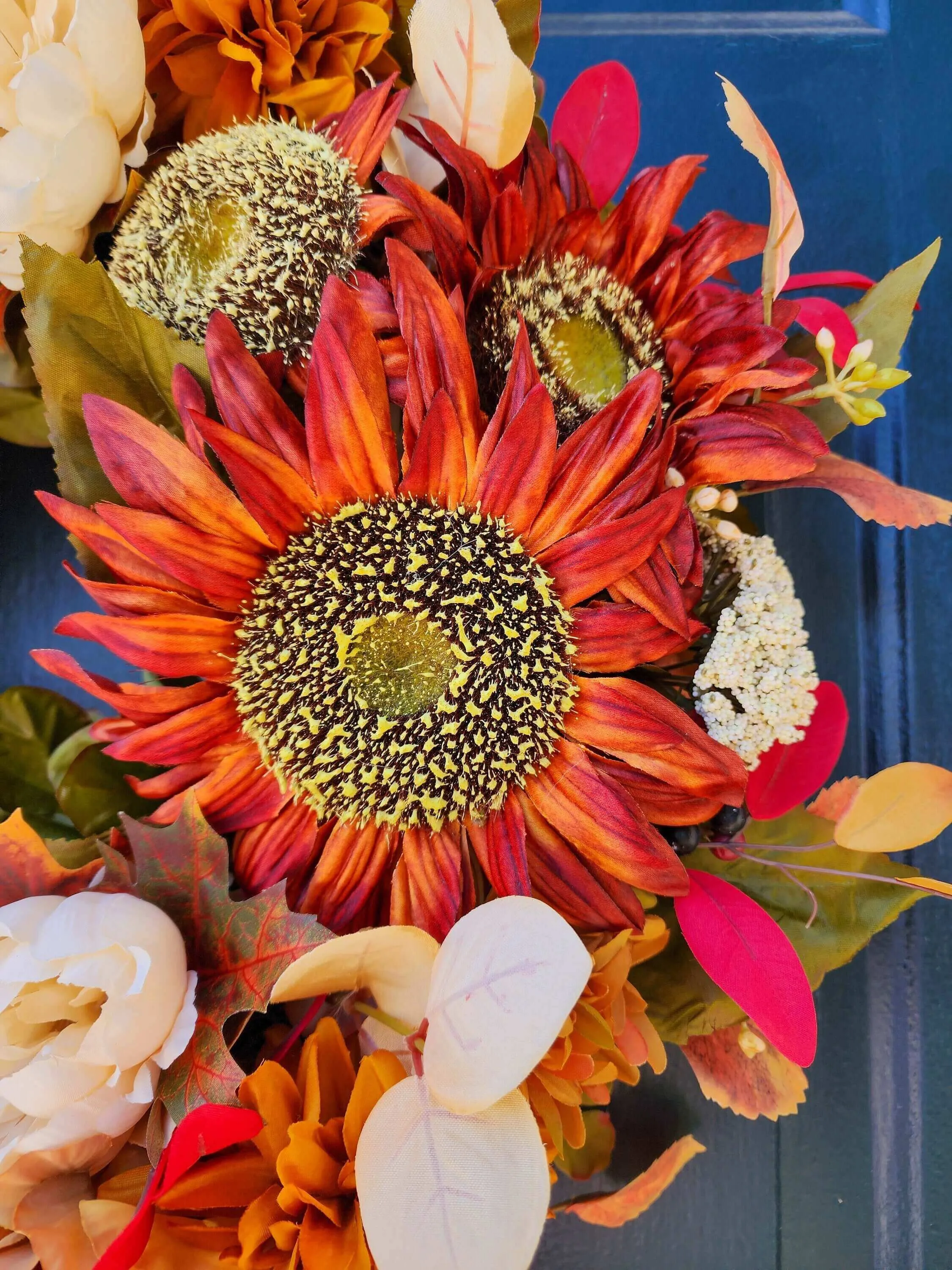 Rustic Fall Wreath With Terra Cotta Orange Sunflowers, Rust and Cream Florals, Autumn Wreaths For Front Door, Thanksgiving Decor