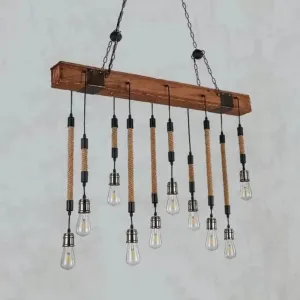 Rustic Island Light with Multiple Open Bulbs and Wooden Beam