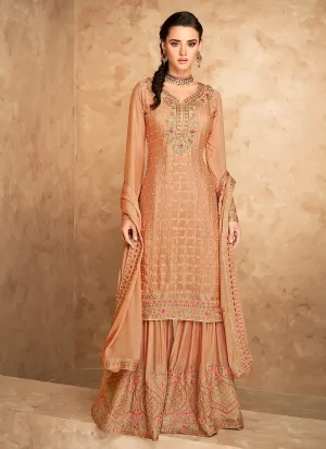 Rustic Peach Golden Embroidered Designer Gharara Suit