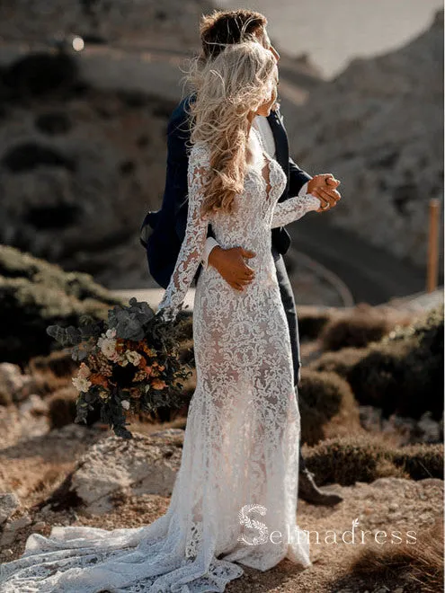 Rustic See Through Lace Wedding Dresses V neck Long Sleeve Mermaid Wedding Dresses SEW007