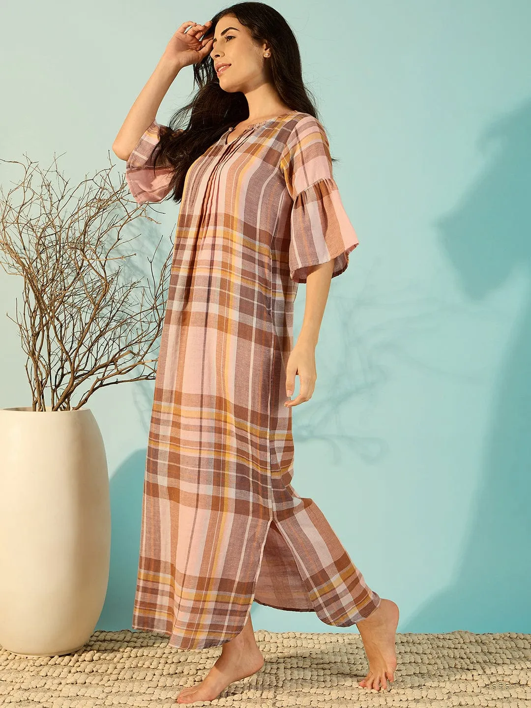 Rustic Stripes Peach Soft Cotton Nightdress For Women