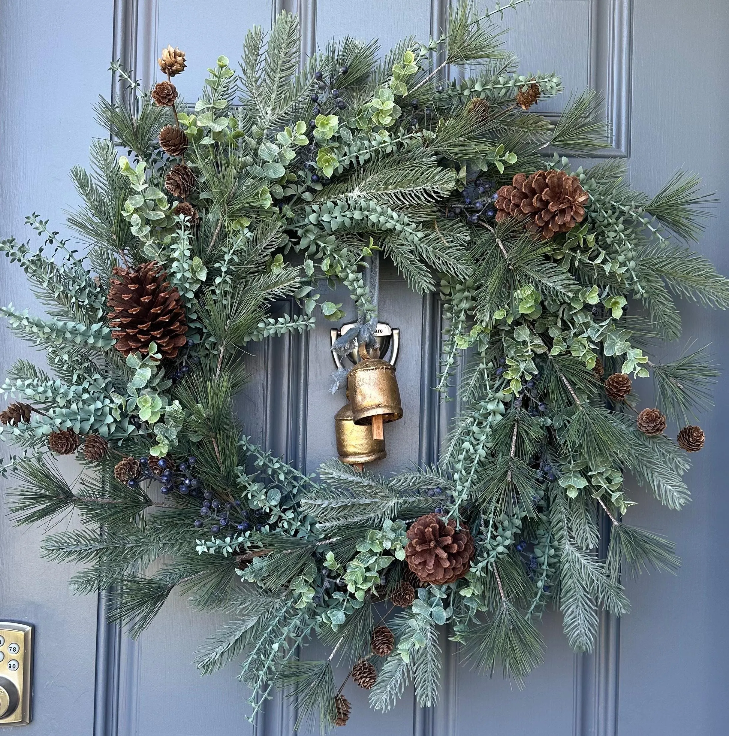 Rustic Winter Wreath with Blue Spruce Pine and Brass Bells