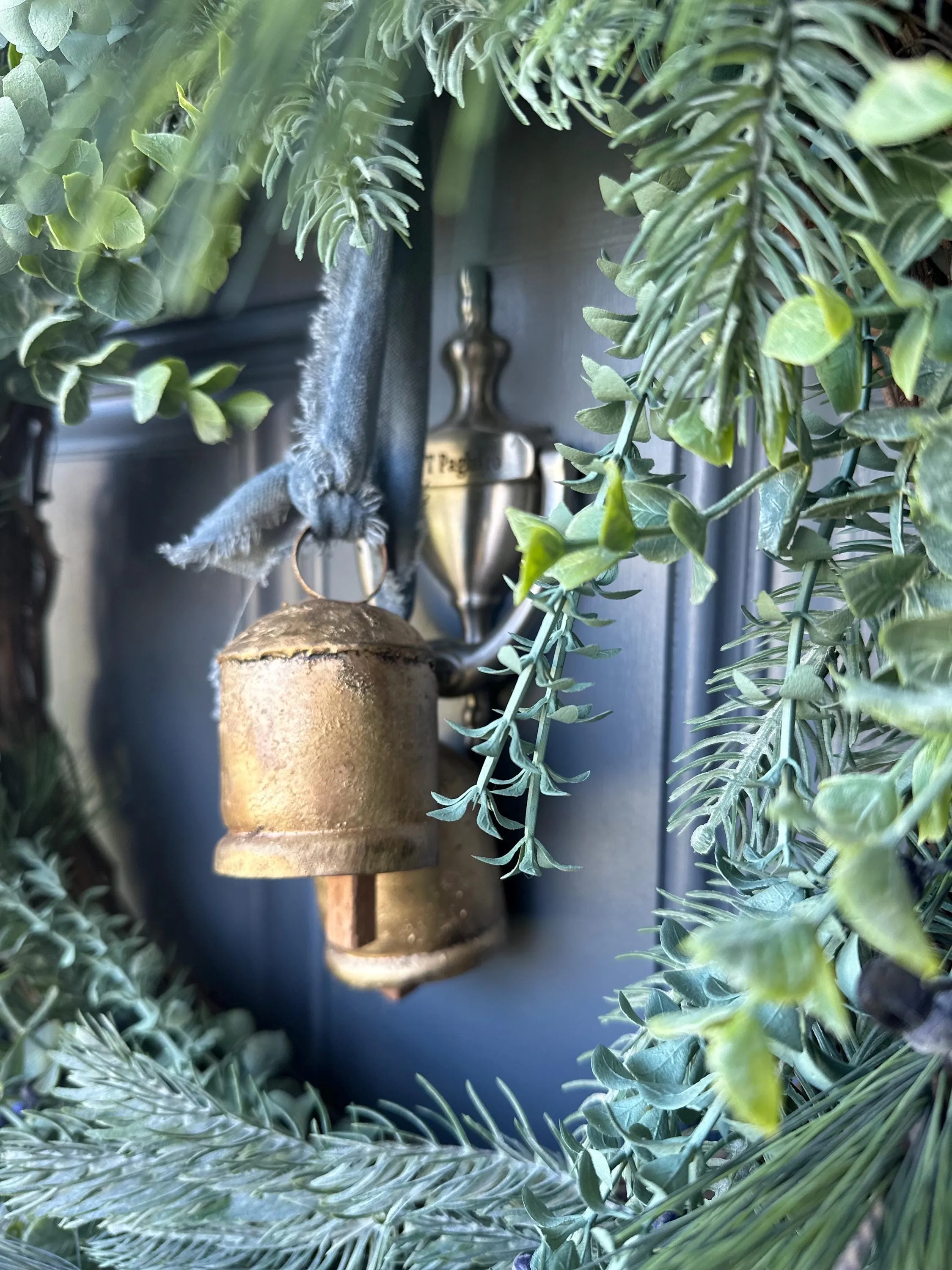 Rustic Winter Wreath with Blue Spruce Pine and Brass Bells