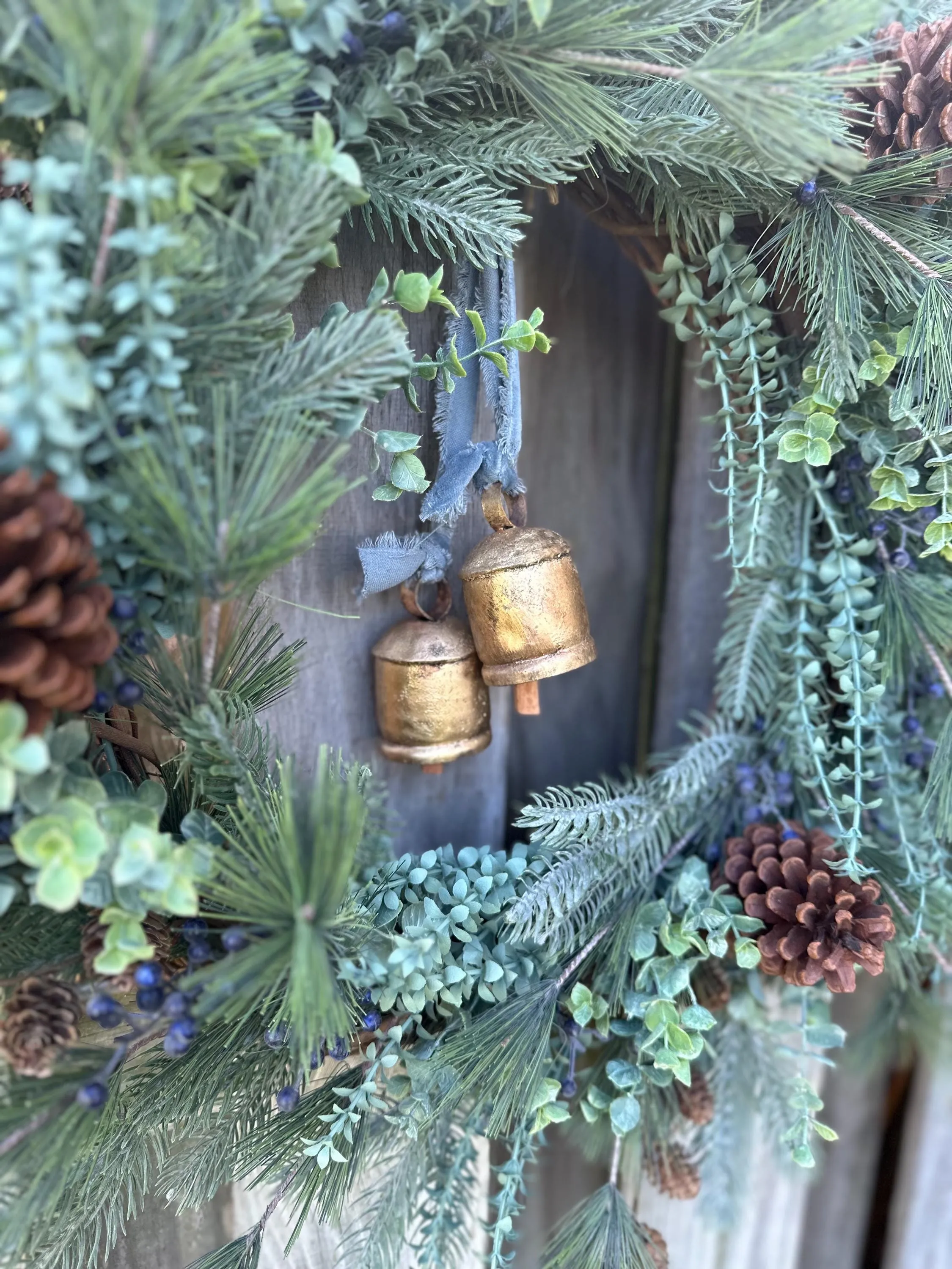 Rustic Winter Wreath with Blue Spruce Pine and Brass Bells