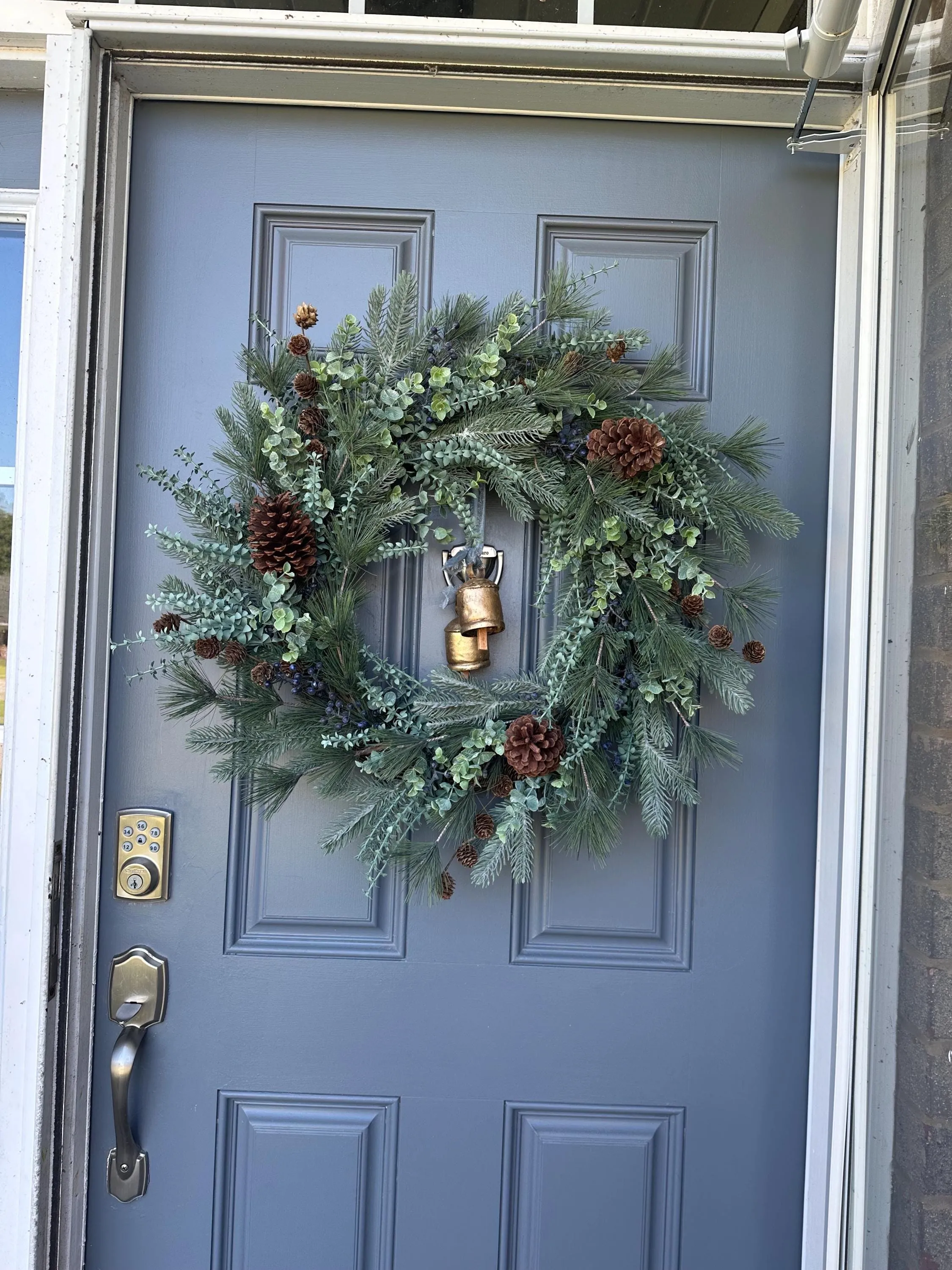 Rustic Winter Wreath with Blue Spruce Pine and Brass Bells