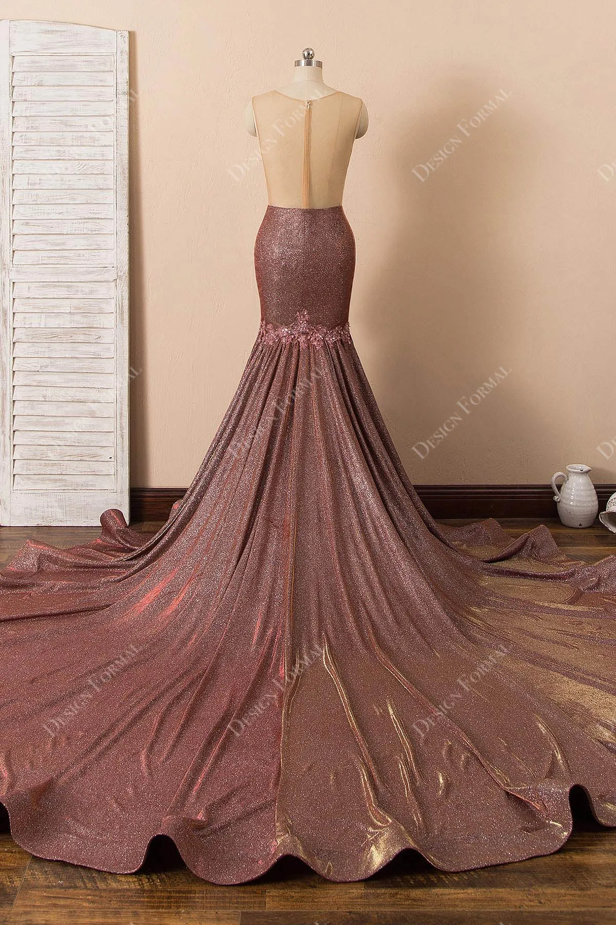 Rusty Glitter Illusion Lace Dramatic Mermaid Long Train Dress