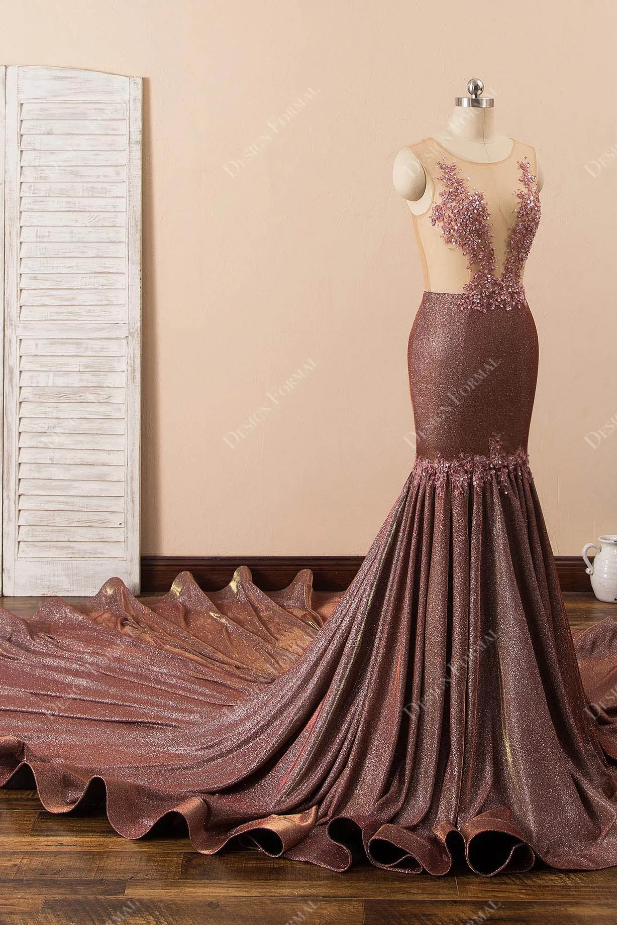 Rusty Glitter Illusion Lace Dramatic Mermaid Long Train Dress