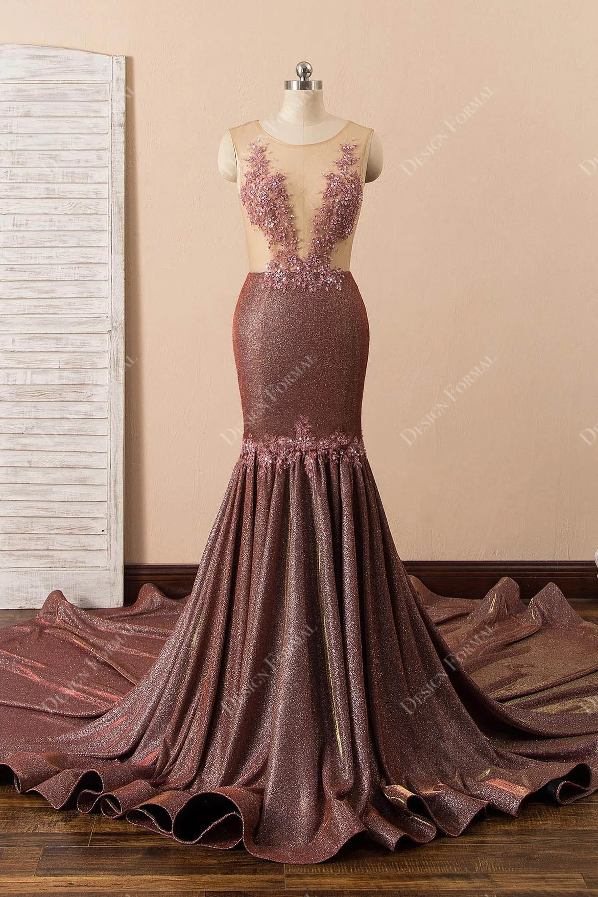 Rusty Glitter Illusion Lace Dramatic Mermaid Long Train Dress