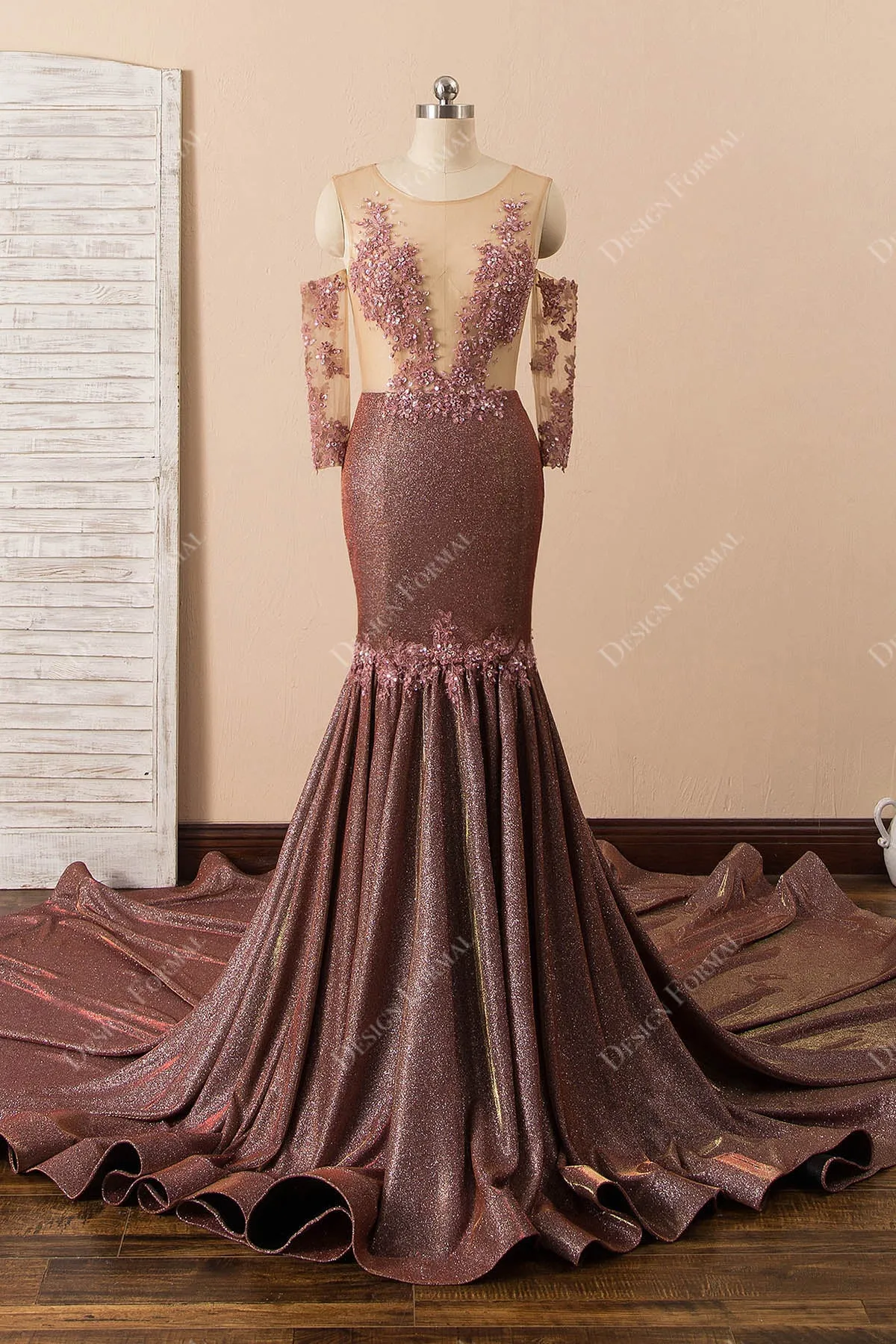 Rusty Glitter Illusion Lace Dramatic Mermaid Long Train Dress