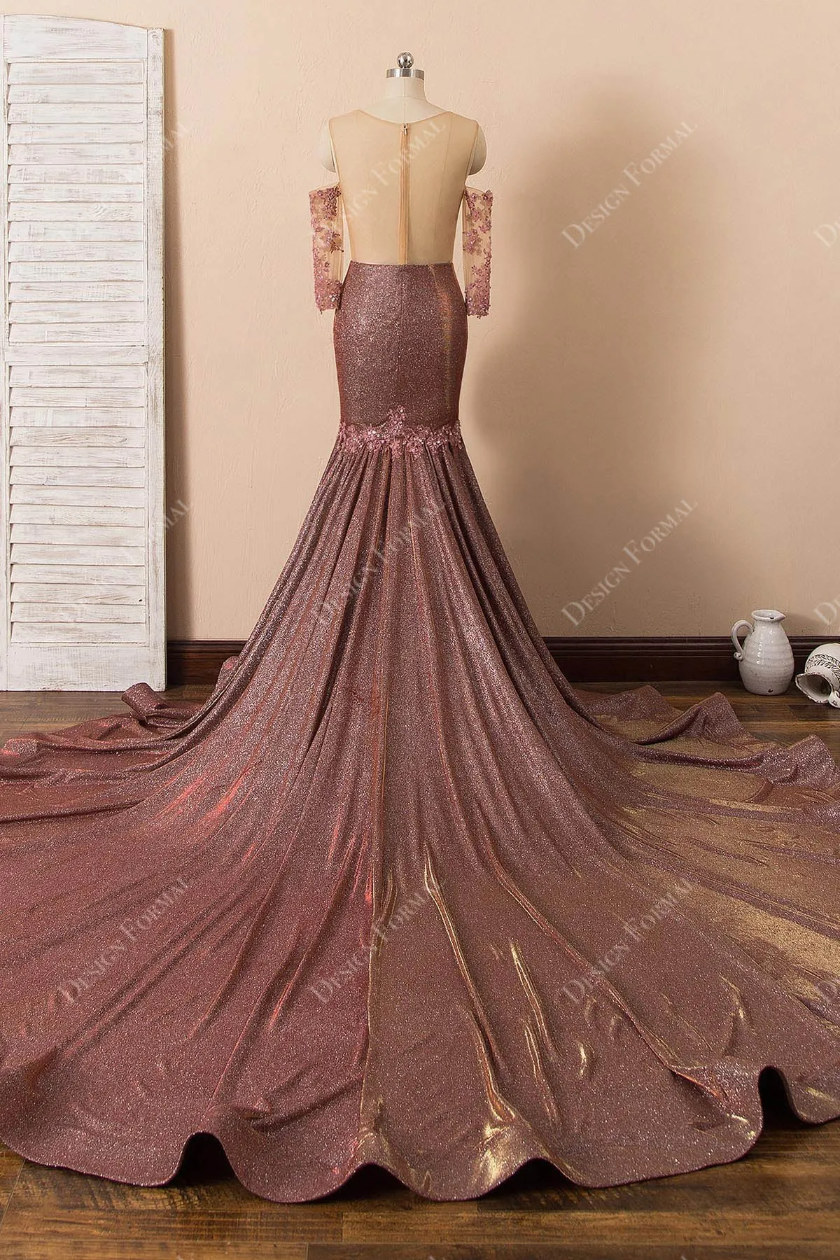 Rusty Glitter Illusion Lace Dramatic Mermaid Long Train Dress