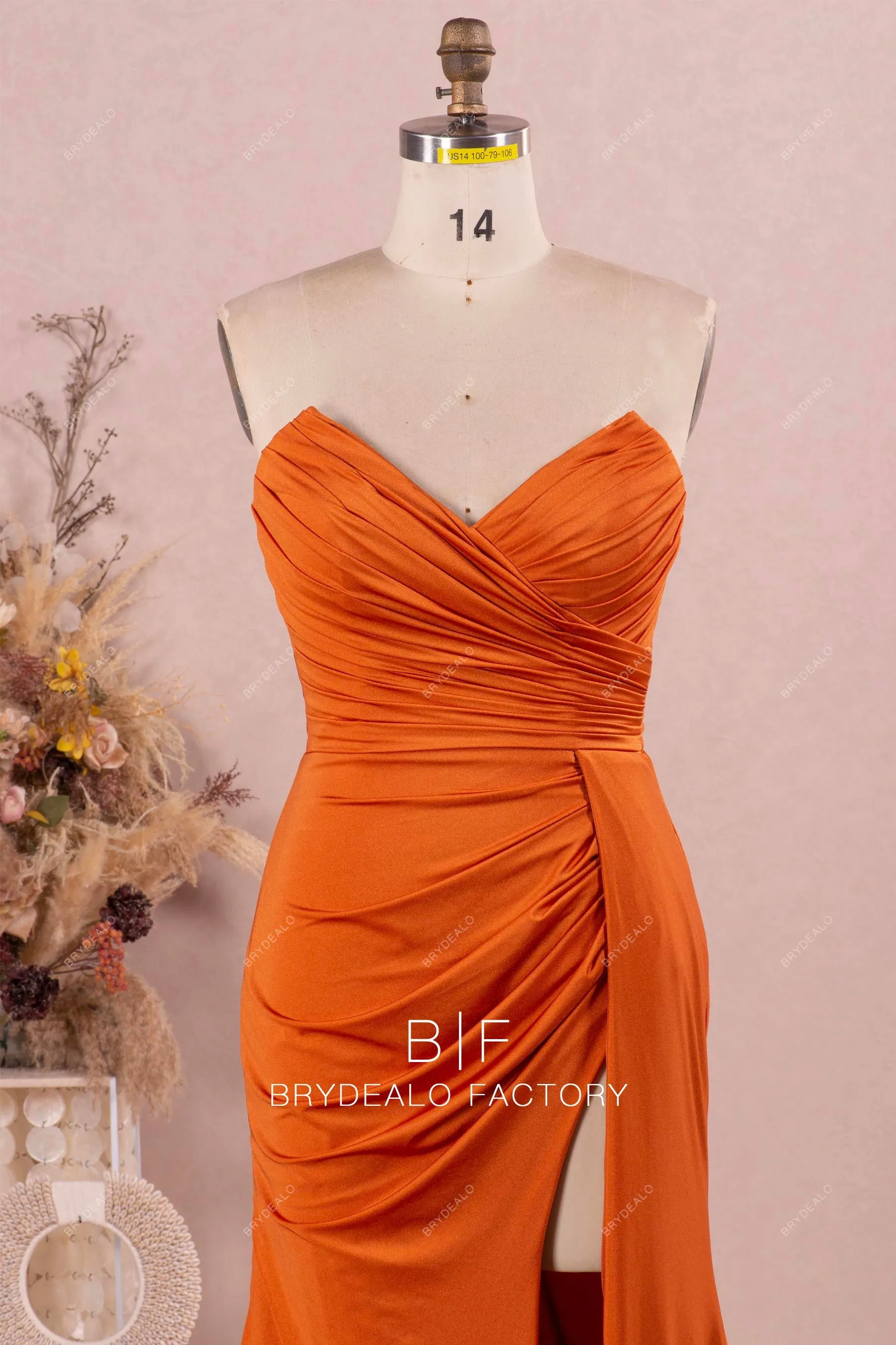 Rusty Strapless V Neck Ruched Spandex Slit Formal Dress