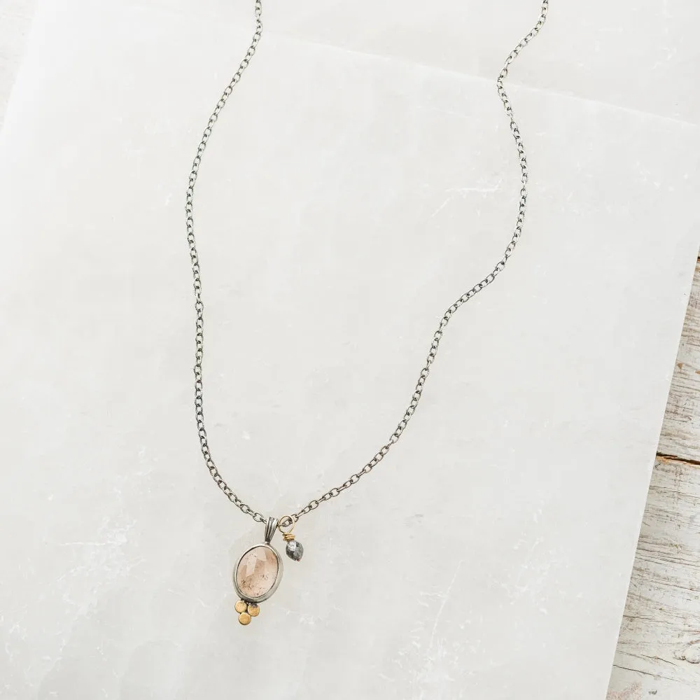 Rutilated Quartz Oval Necklace with Gray Diamond on Cable Chain