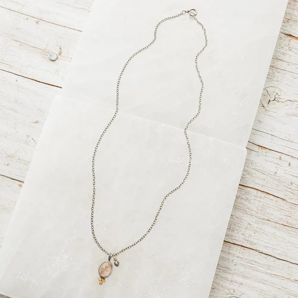 Rutilated Quartz Oval Necklace with Gray Diamond on Cable Chain