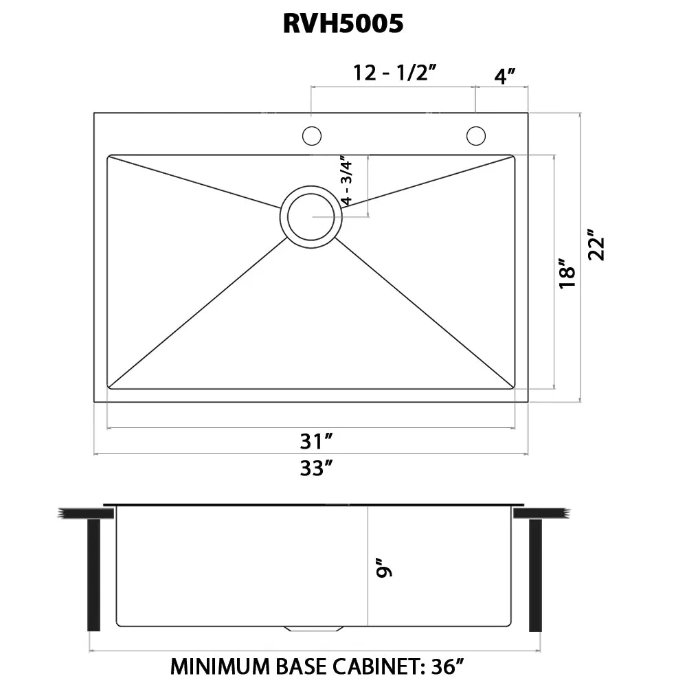 Ruvati 33 x 22 inch Gunmetal Black Stainless Steel Drop-in Topmount Kitchen Sink 16 Gauge Single Bowl – RVH5005BL