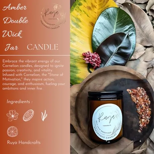 Ruya's Handcrafts Amber Single Wick Carnelian stone | Evoking Sense of Tranquillity, Positive Vibes, Therapy Candles | Healing Light (Spicy Incense)