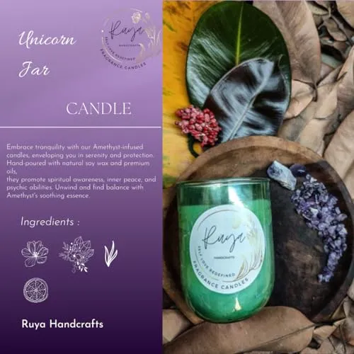 Ruya's Handcrafts Serinity Unicorn Jars Double Wick Amethyst stone | Evoking Sense of Tranquillity, Positive Vibes, Therapy Candles | Lucky Charm Candle (Spicy Incense)