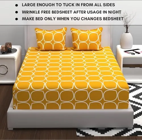 RVS DECOR Home Double Bedsheet for Double Bed Cotton | Double Bed Sheet Double Bed Cotton | Cotton Bedsheets for Double Bed | Cotton Bed Sheets for Double Bed (90x90 Inch, Yellow and White) -S_10