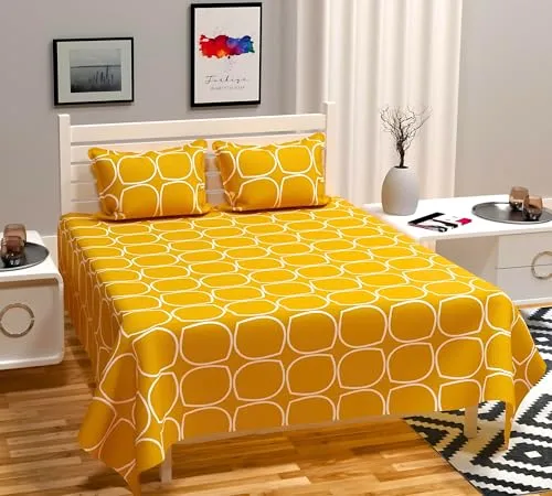 RVS DECOR Home Double Bedsheet for Double Bed Cotton | Double Bed Sheet Double Bed Cotton | Cotton Bedsheets for Double Bed | Cotton Bed Sheets for Double Bed (90x90 Inch, Yellow and White) -S_10