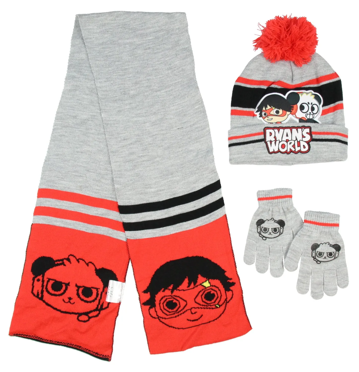 Ryan's World Kids Ryan and Combo Panda Gloves Scarf And Pom Beanie 3 Piece Set