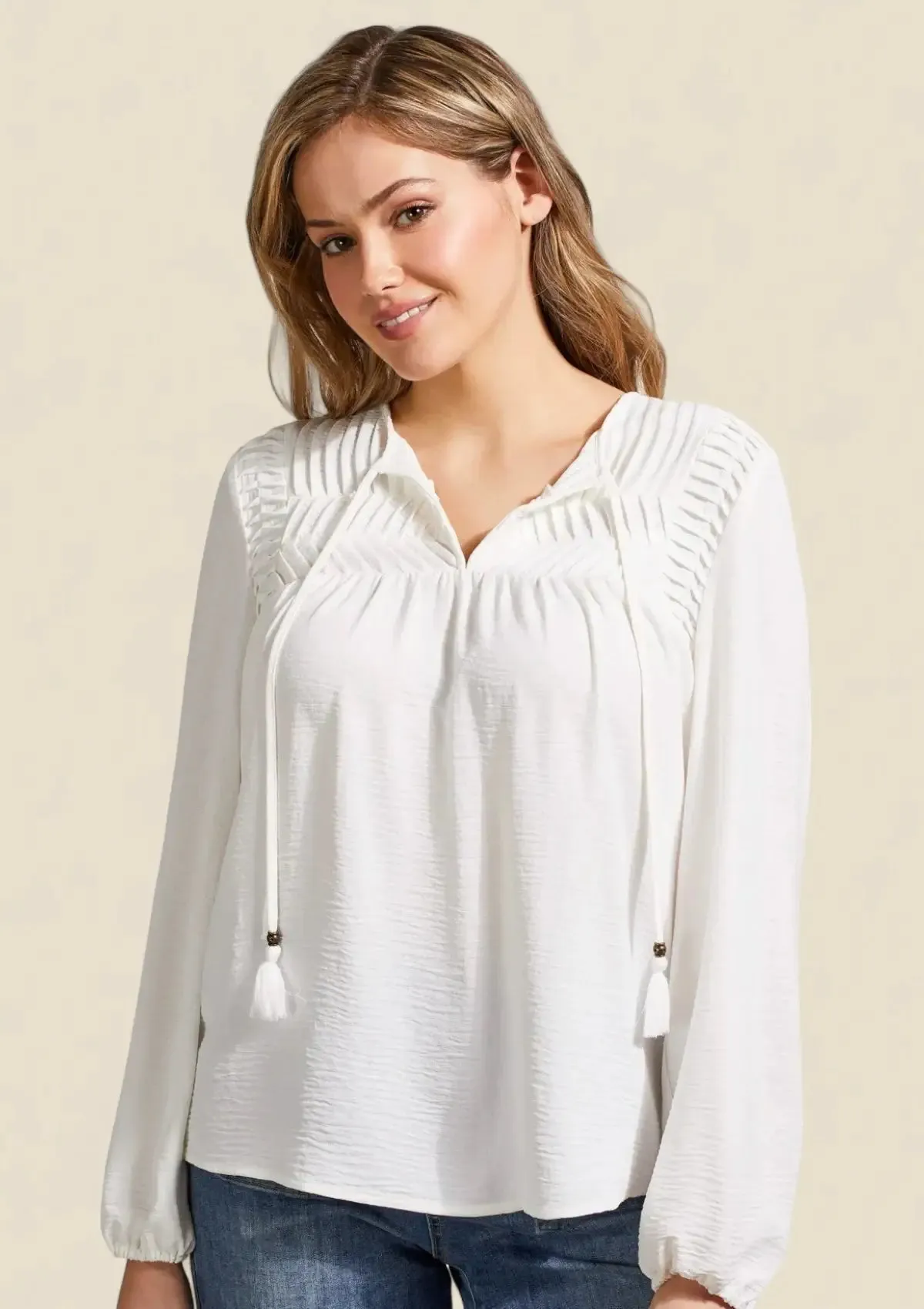 Rylee Peasant Blouse With Pleated Yoke - Eggshell