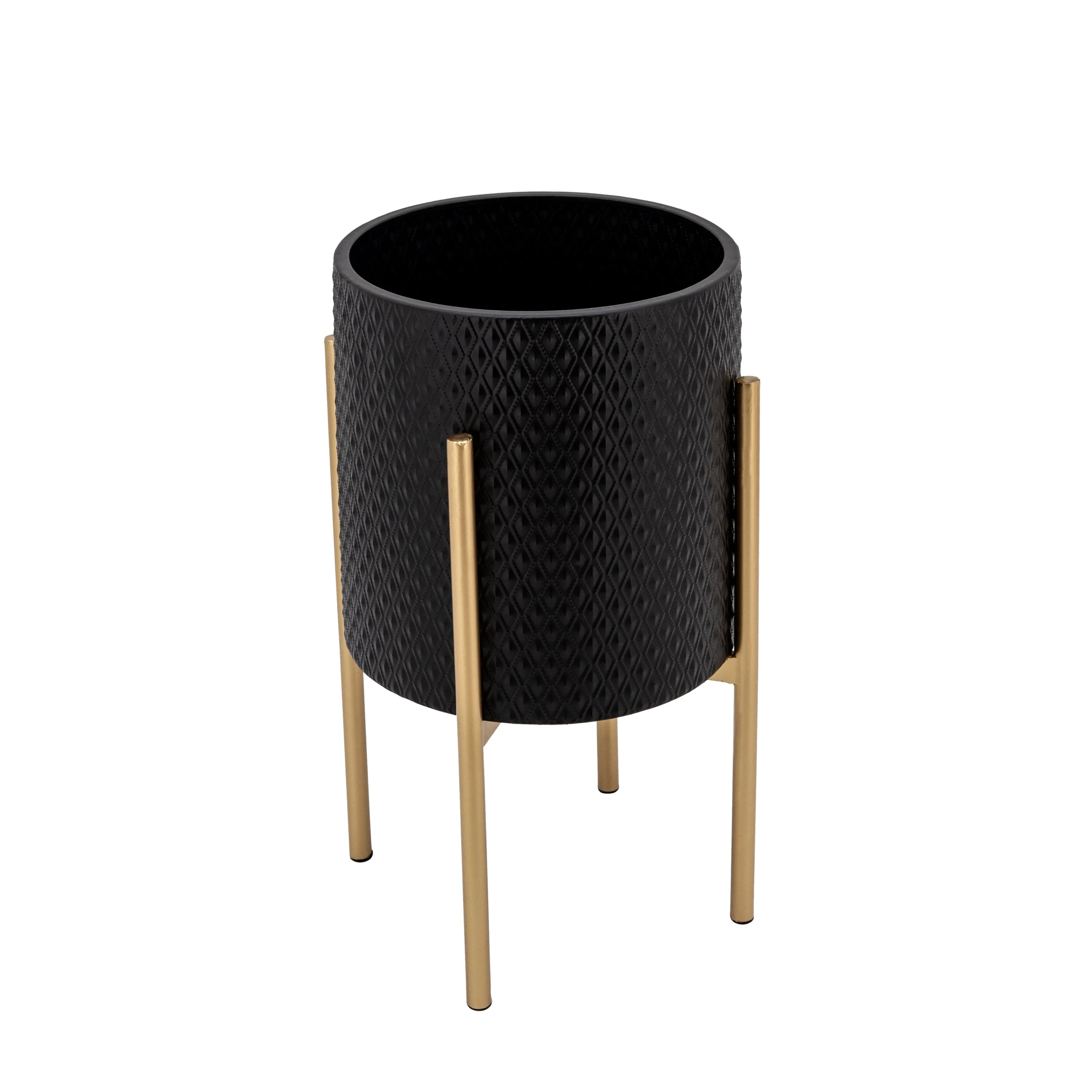 S/2 Textured Planter On Metalstand, Black/Gld