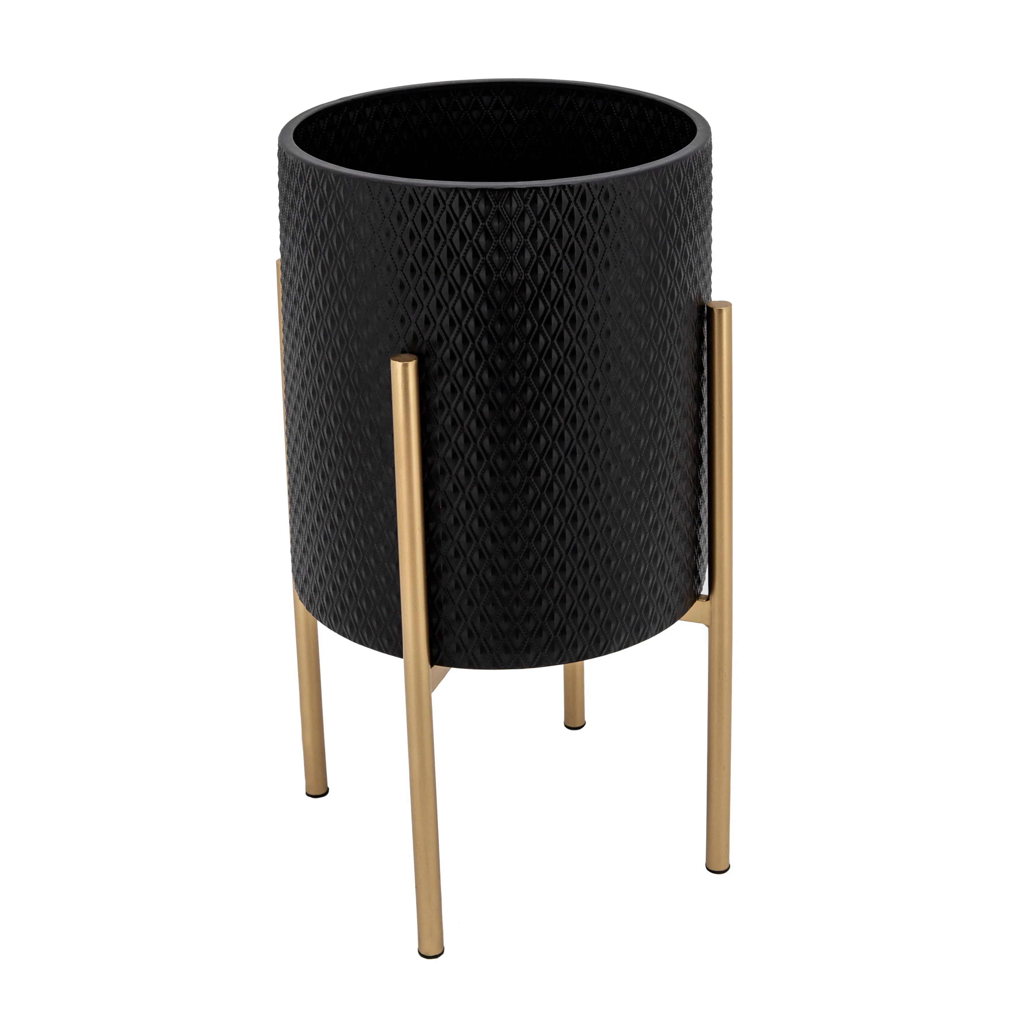 S/2 Textured Planter On Metalstand, Black/Gld