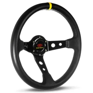 SAAS 14" ADR Compliant GT Deep Dish Black Leather Covered Steering Wheel with Three Black Alloy Spokes and Centre Stripe - SWGT2