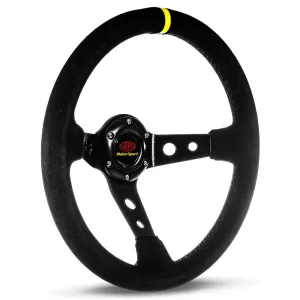 SAAS 14" ADR Compliant GT Deep Dish Black Suede Covered Steering Wheel with Three Black Alloy Spokes and Centre Stripe - SWGT1