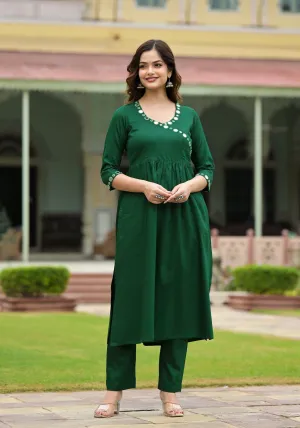 Saba Green Cotton Nayra Cut Handwork Kurta Pant Set