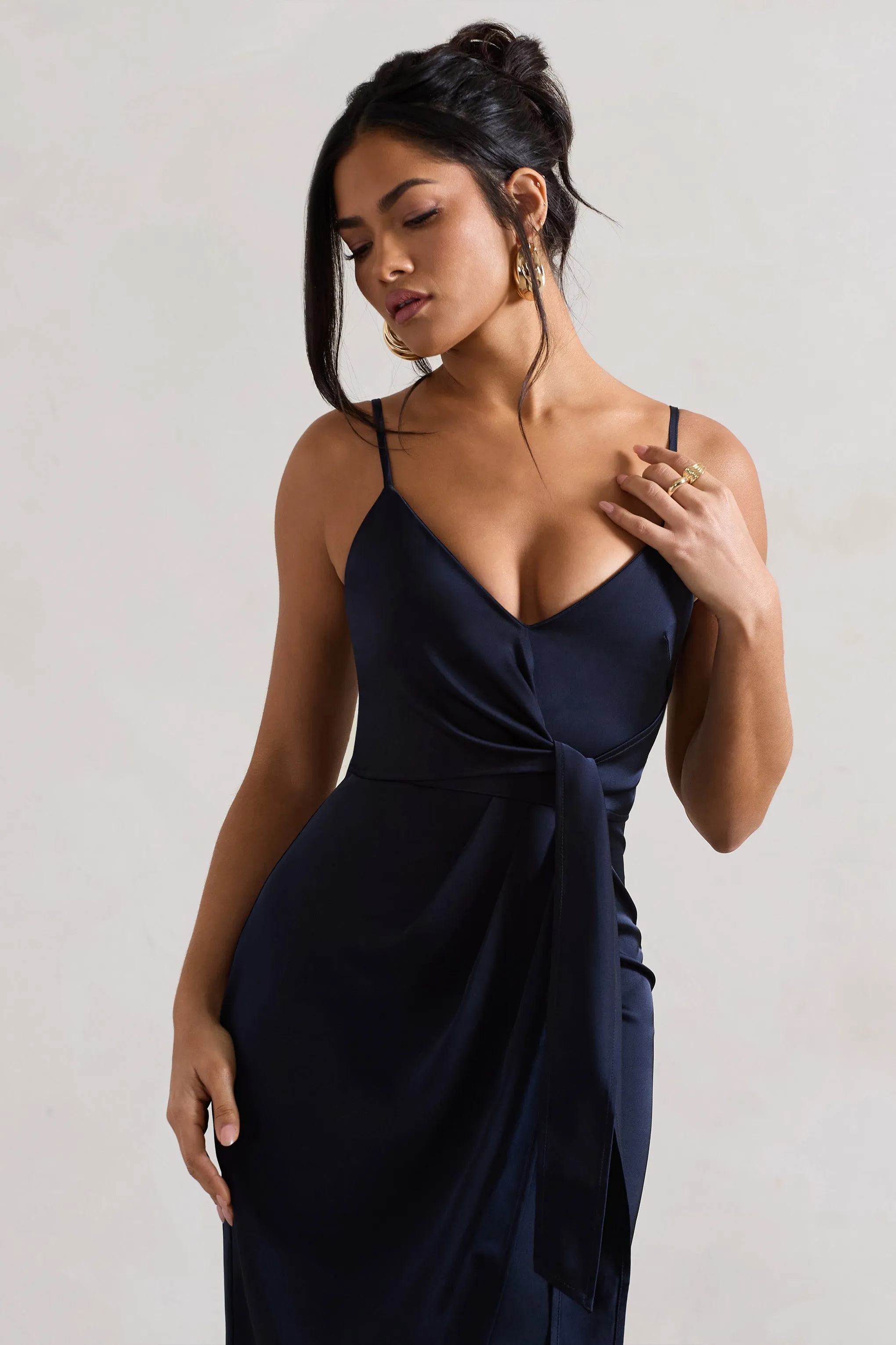 Sabela | Navy Satin Wrap Midi Dress With Knot Detail