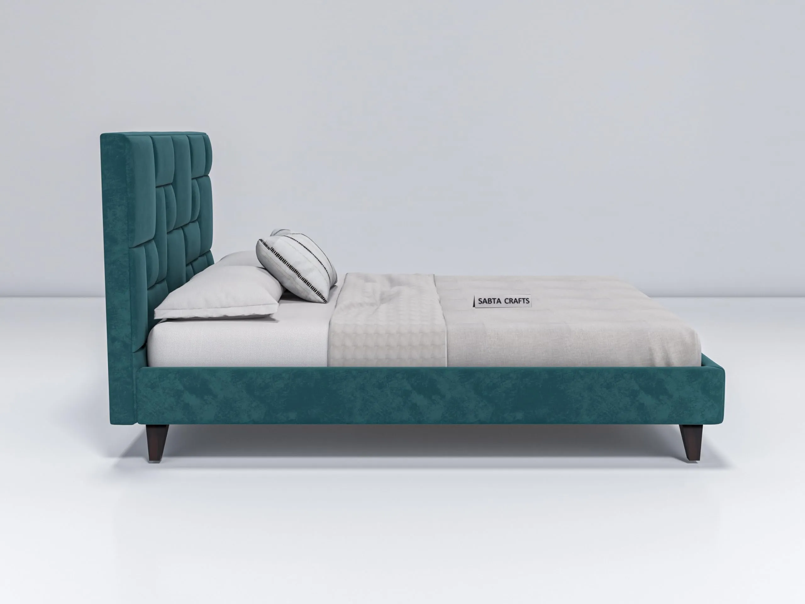 SABTA Craft Modern Upholstered King Size Bed for Bedroom | Wooden Double Bed | Platform Cot Bed with Upholstery Premium Fabric | 6.5 x 6 Ft | Sheesham Solid Wood (Brown, Turquoise)