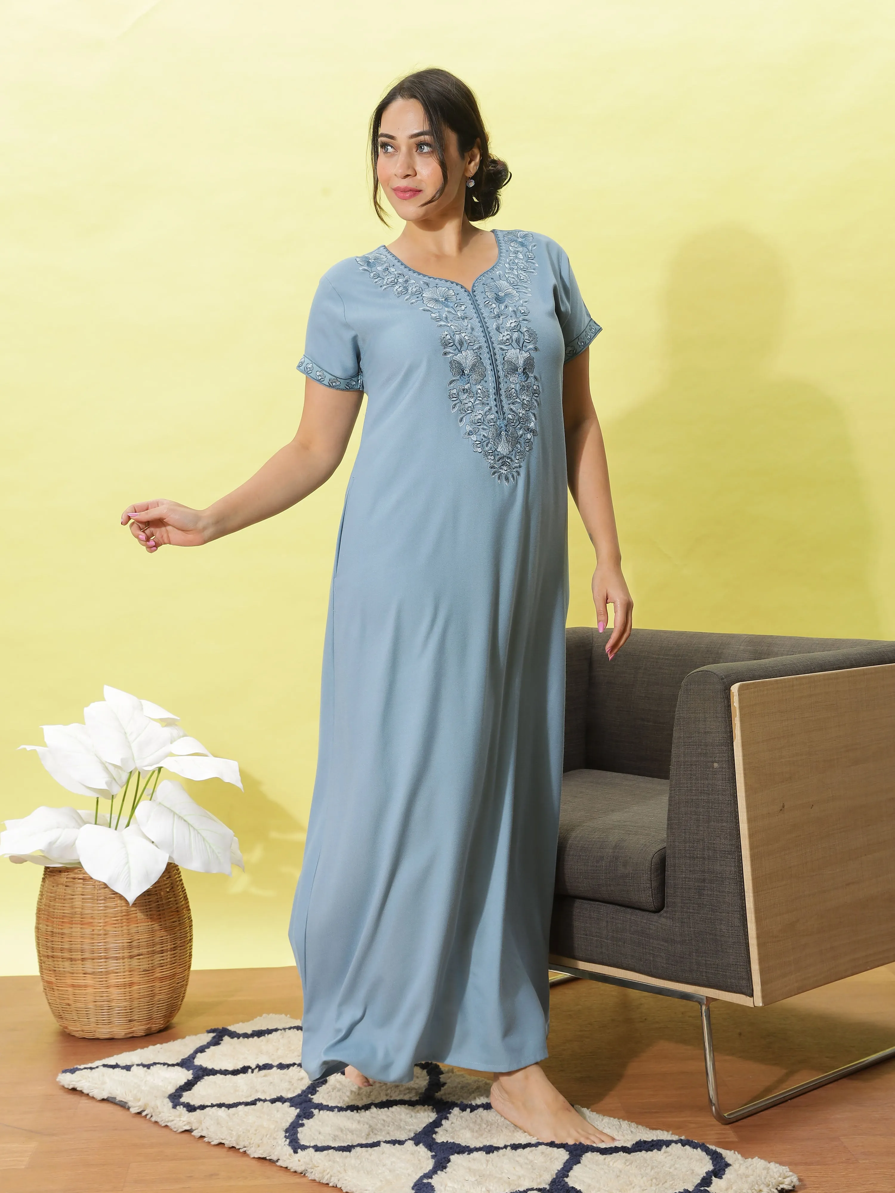 Sadabahar Ice Blue Designer Nighty with Embroidery