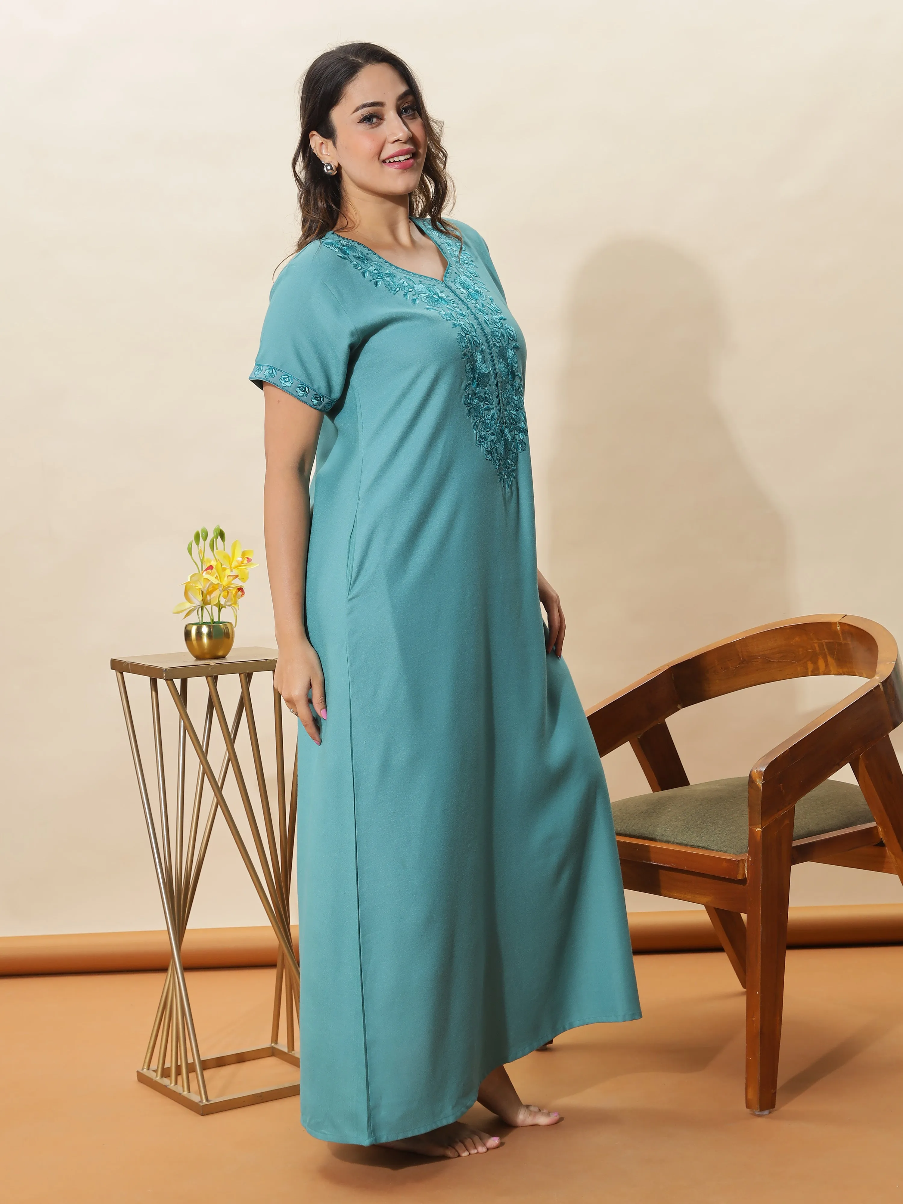 Sadabahar Sea Glass Embroidered Nighty for Women With Stylish Comfort