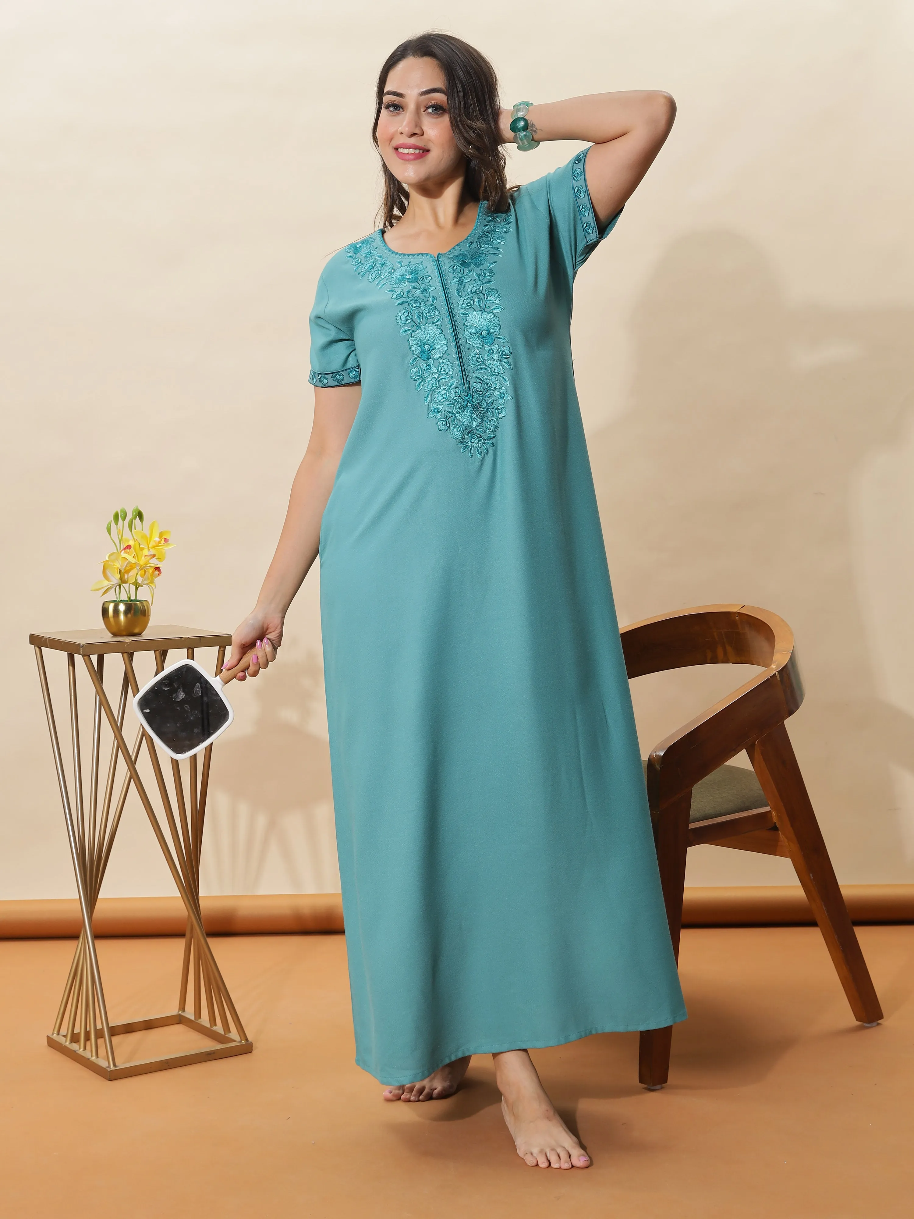 Sadabahar Sea Glass Embroidered Nighty for Women With Stylish Comfort