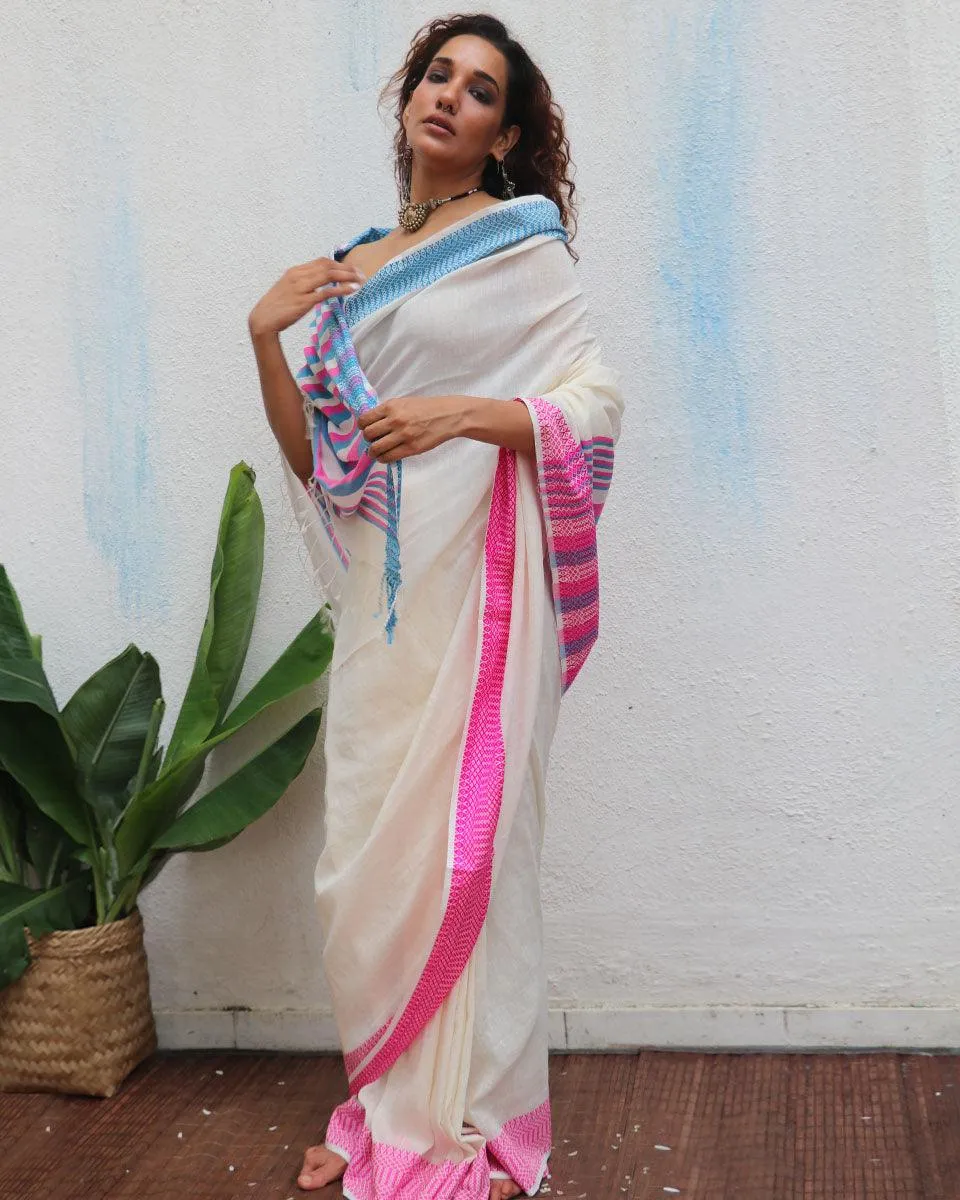 Sadhvi Handwoven Linen Cotton Jamdani Saree - Uma