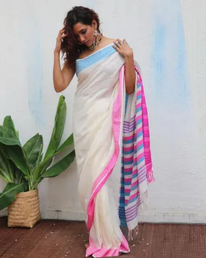 Sadhvi Handwoven Linen Cotton Jamdani Saree - Uma