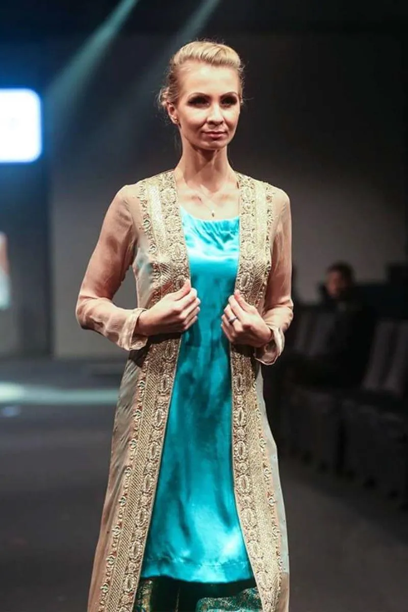 Sadia Aamir - Nefertiti Blue - Turquoise & Beige - Silk, Chiffon & Jamawar - 3 Piece