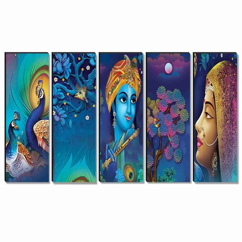 SAF paintings SET of 5 Radha krishna religious modern art wall panel painting for home decoration 30 inch x 18 inch