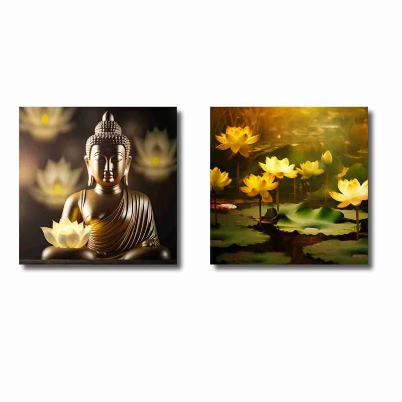 SAF paintings Wooden Framed Canvas Painting ||Set Of 2 Lord Buddha Canvas Wall Art Painting for Home Décor Office||For Bedrom,Living Room Home wall and Office Interior CR-170