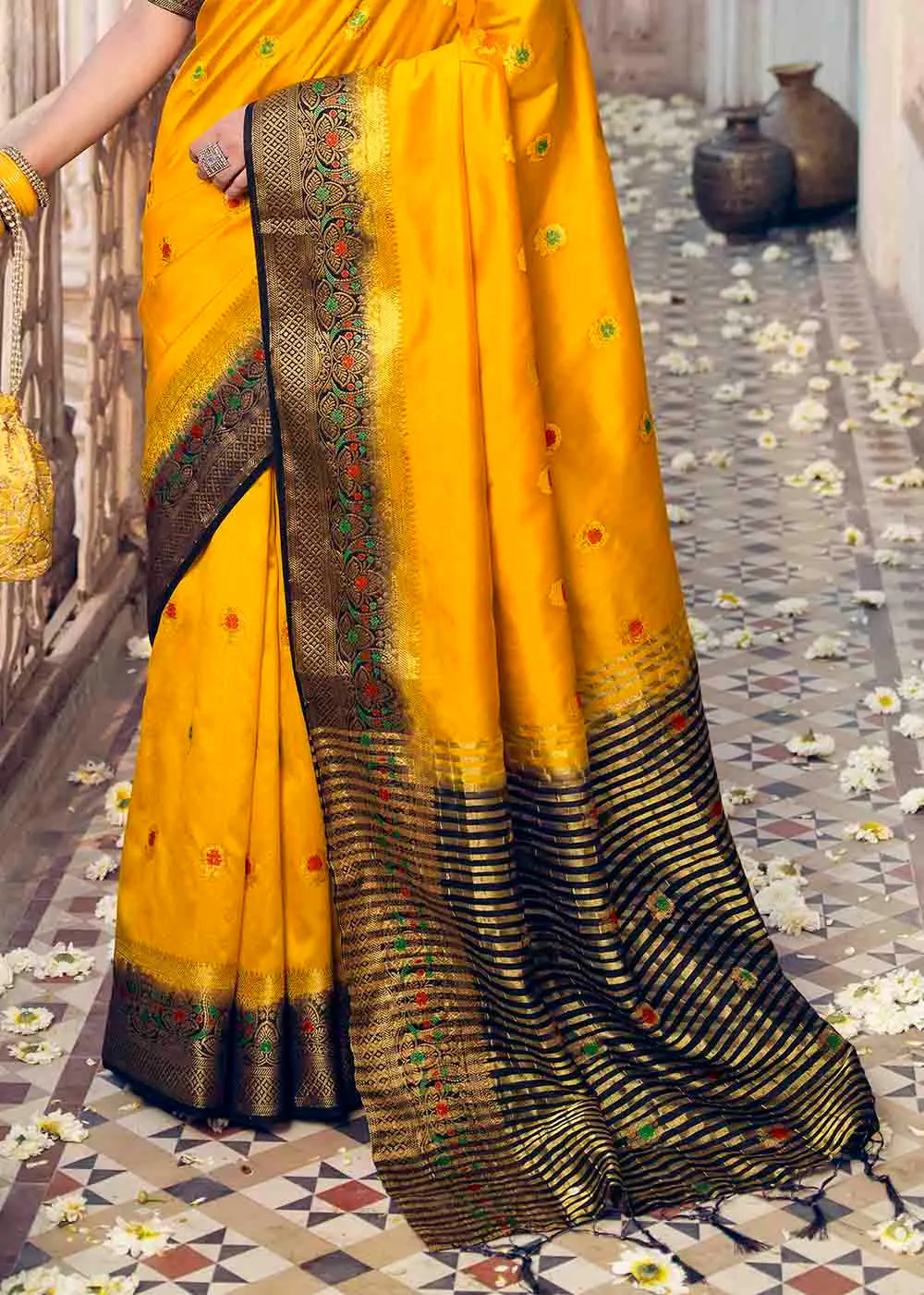 Saffron Yellow Floral Zari Woven Raw Silk Saree