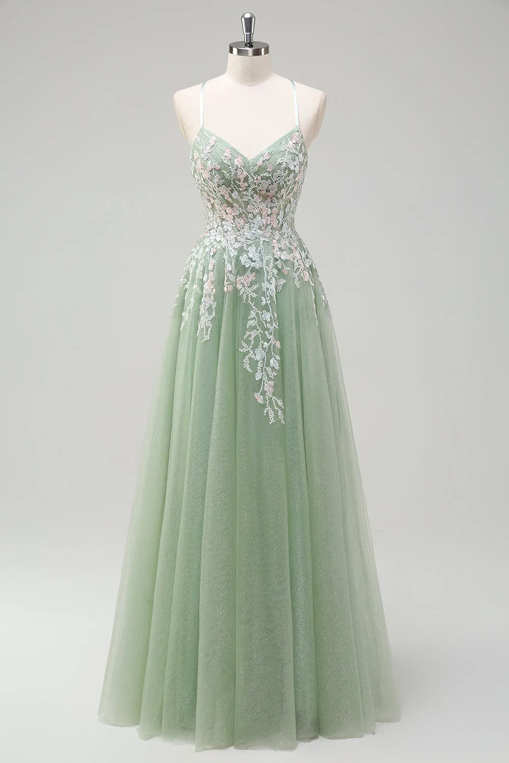 Sage A Line Tulle Applique Prom Dress with Lace-up Back