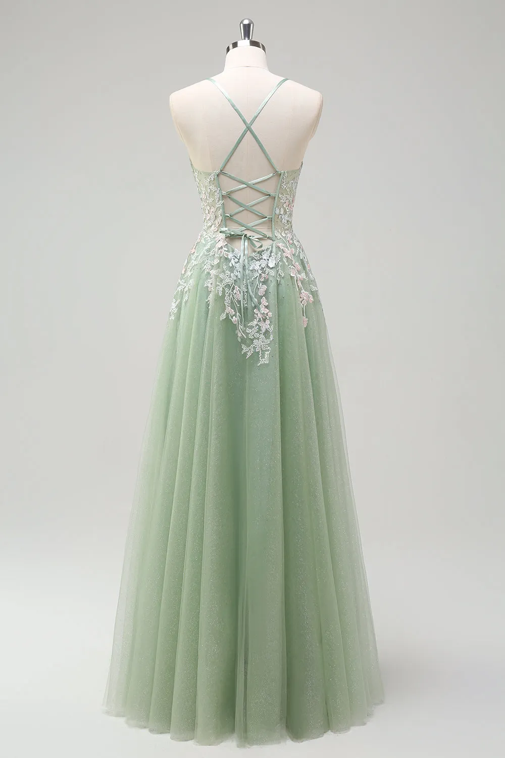 Sage A Line Tulle Applique Prom Dress with Lace-up Back