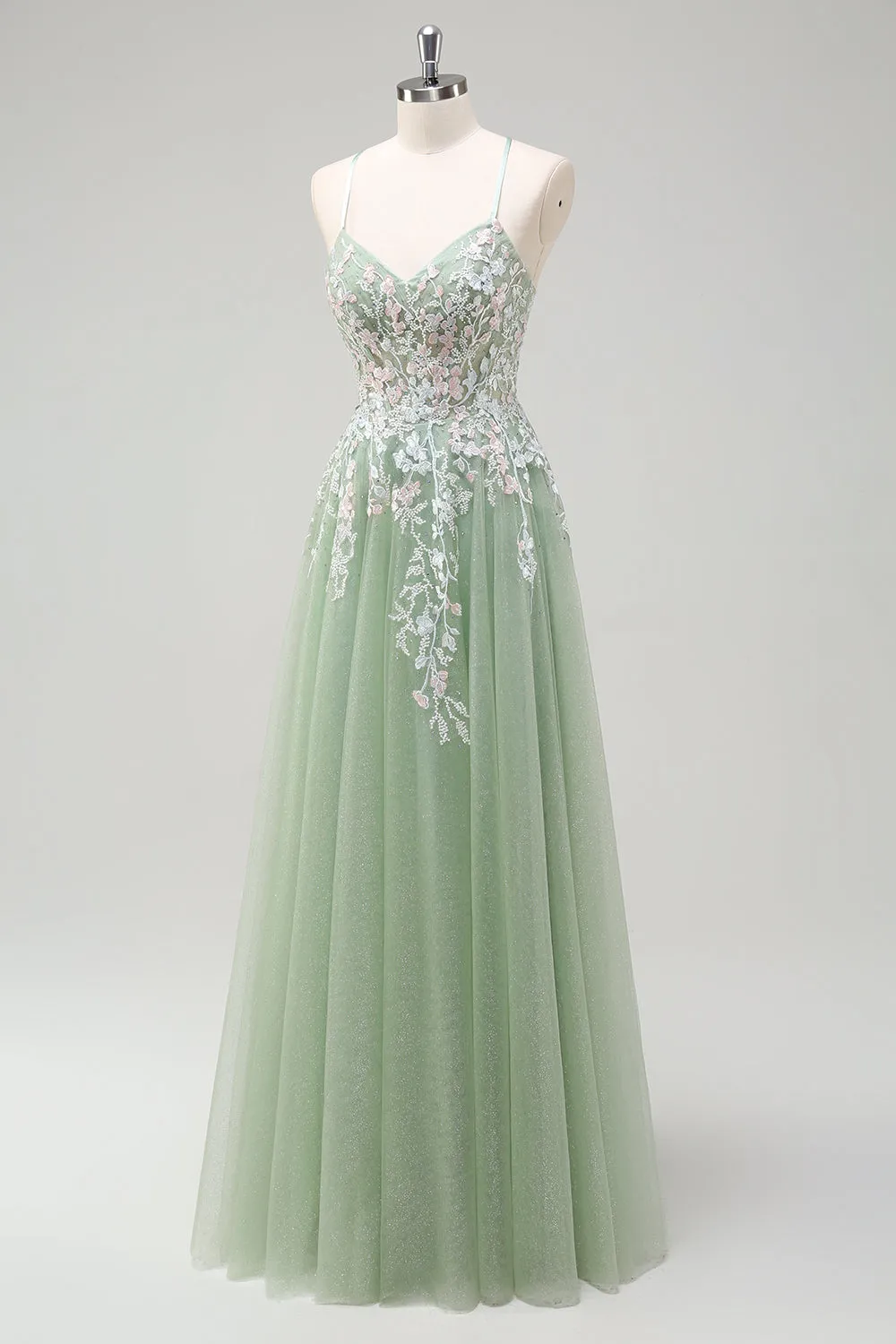 Sage A Line Tulle Applique Prom Dress with Lace-up Back