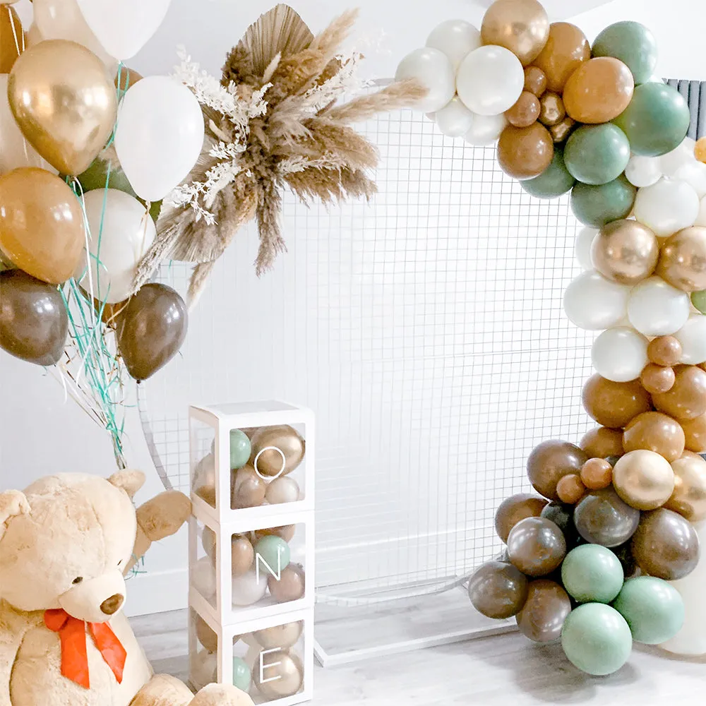 Sage and Earthy Brown Balloon Garland Kit with 95 Balloons in Pearl White, Sage, Cocoa Brown, and Gold Chrome for Woodland Boy or Girl Baby Showers and Safari Jungle Party Decorations